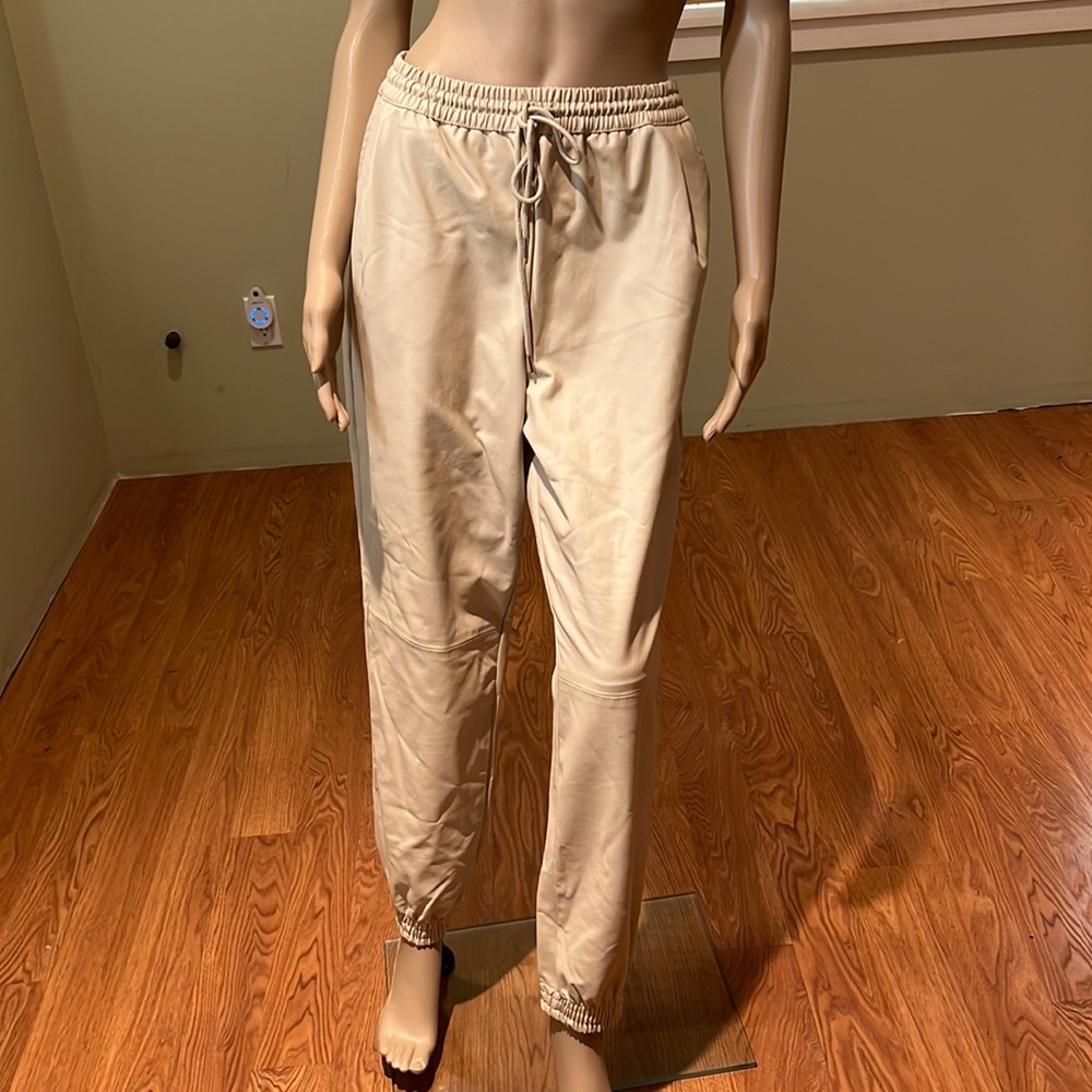 Akira Cream Faux Leather Drawstring Waist Jogger Pant Size L